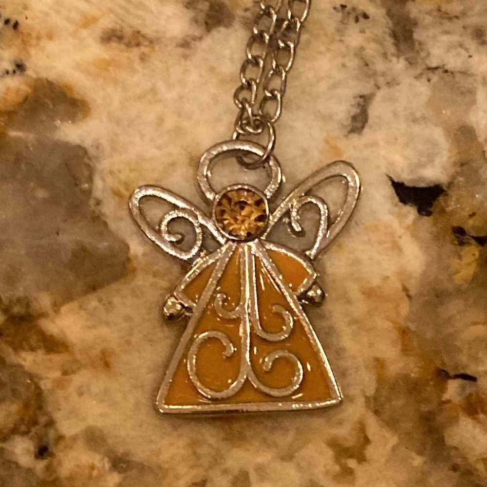 Vintage Birthstone Enamel Angel With Topaz Gem/November Bday Necklace
